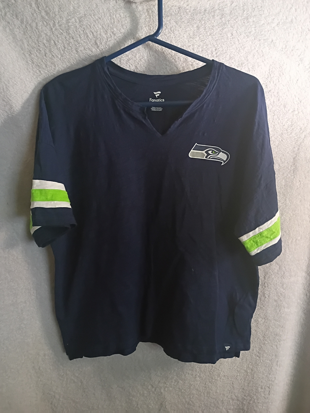 Fanatics Women Navy Seattle Seahawks V-Neck Tee with Lime & White Sleeve Stripes